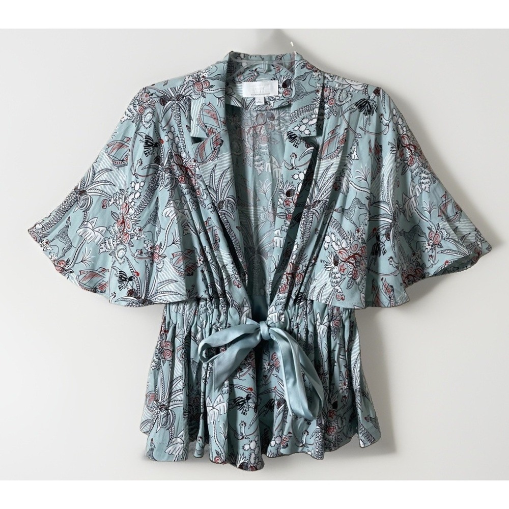 Anthropologie Ett Twa Evidence Light Blue Floral Wrap Blouse Women's Size Small